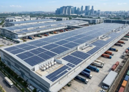 High-efficiency turnkey solar solutions for commercial buildings installed on a modern logistics hub rooftop.