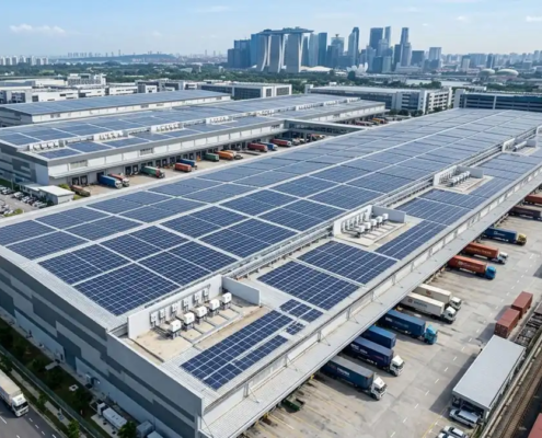 High-efficiency turnkey solar solutions for commercial buildings installed on a modern logistics hub rooftop.