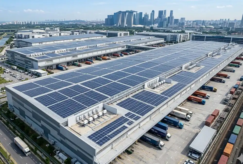 High-efficiency turnkey solar solutions for commercial buildings installed on a modern logistics hub rooftop.