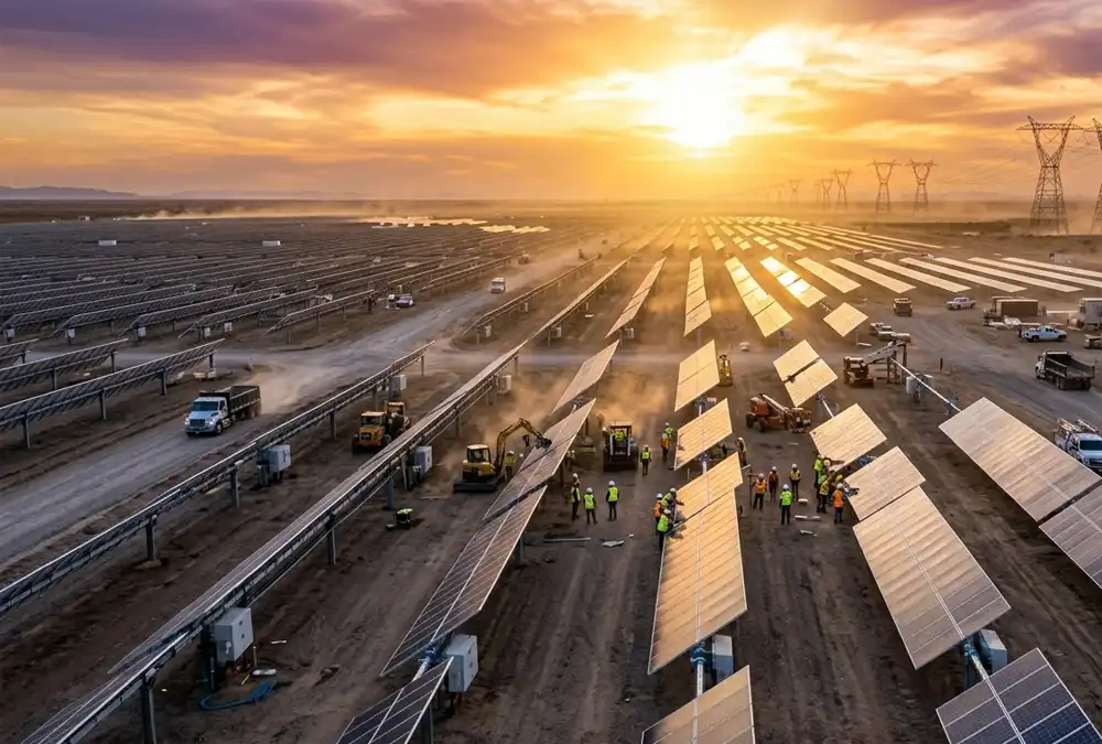 A massive utility scale solar EPC company project featuring rows of solar arrays with single-axis tracking systems.