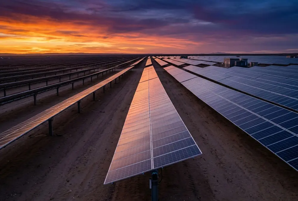 A multi-megawatt utility scale solar EPC power plant featuring single-axis tracking systems deployed across expansive land.