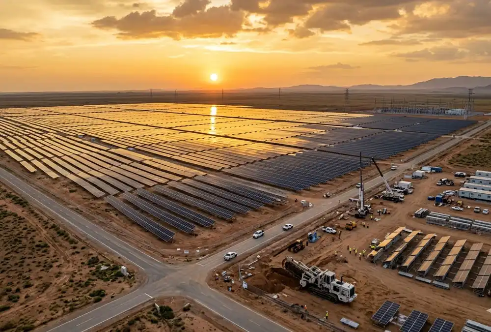 A massive utility scale turnkey solar solutions project showing solar power plant construction in Europe.
