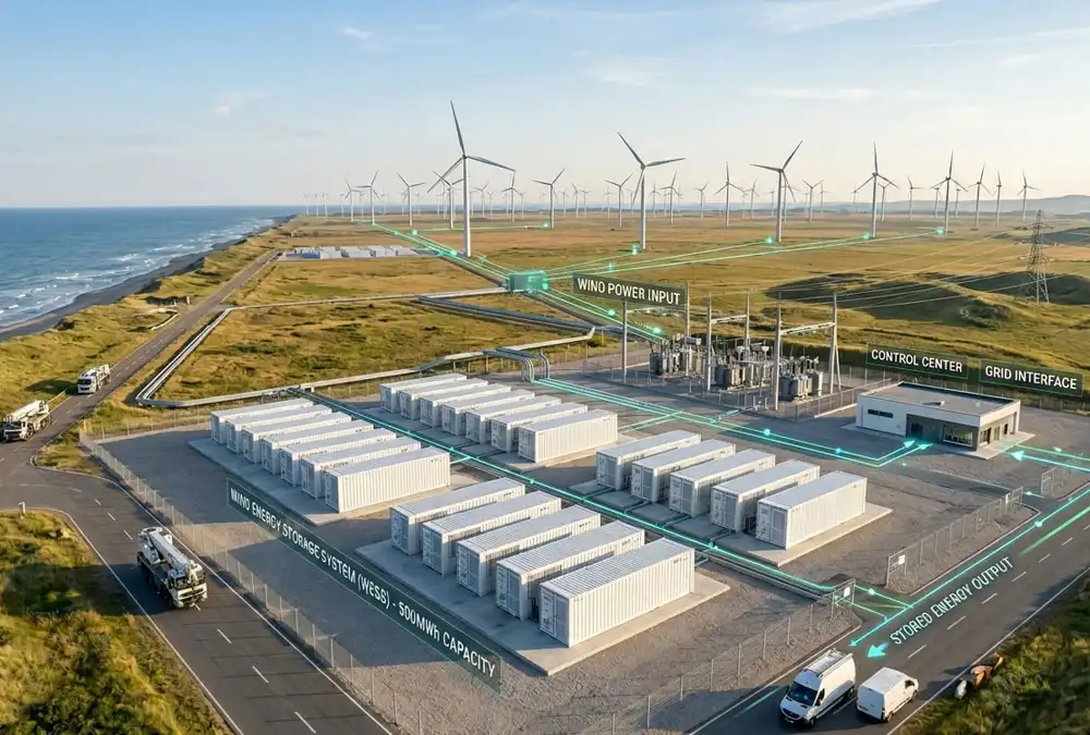 Aerial view of a utility-scale wind energy storage system facility with containerized BESS, offshore wind turbines on the horizon, substation, and digital grid infrastructure visualization.