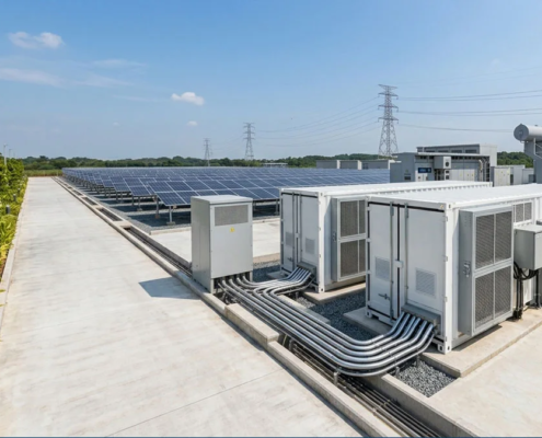 An integrated 20ft BESS container installed on a site foundation pad alongside solar PV panels for optimal commercial energy storage.