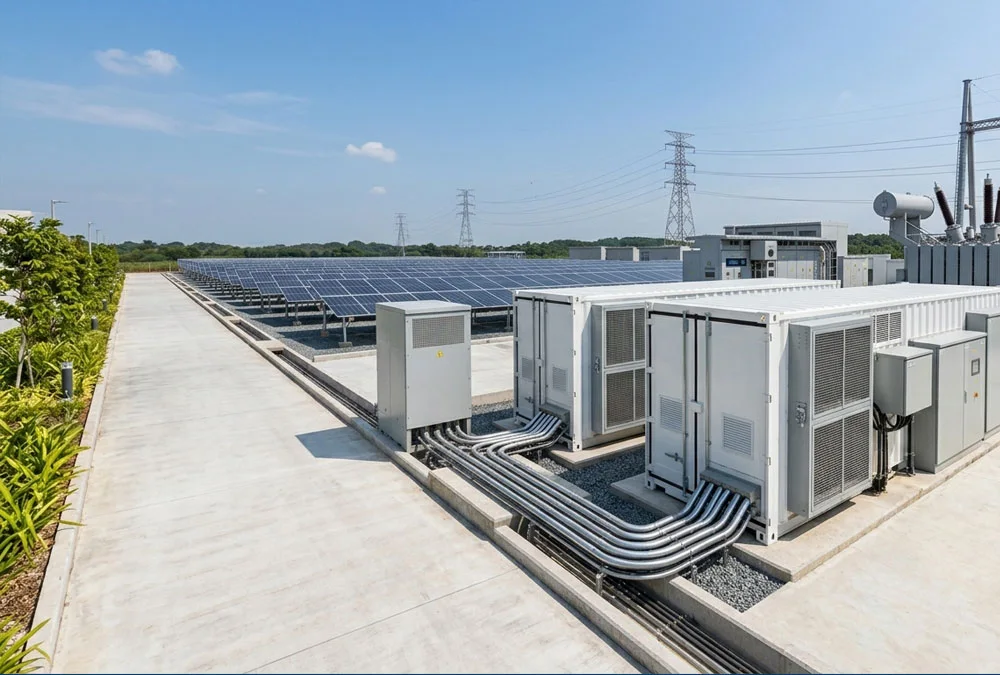 An integrated 20ft BESS container installed on a site foundation pad alongside solar PV panels for optimal commercial energy storage.