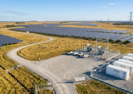 An agrivoltaics installation featuring commercial solar panels paired with safe grid-scale energy storage to mitigate performance risks.