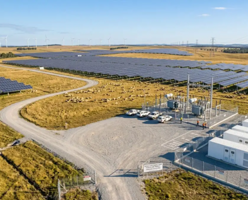 An agrivoltaics installation featuring commercial solar panels paired with safe grid-scale energy storage to mitigate performance risks.