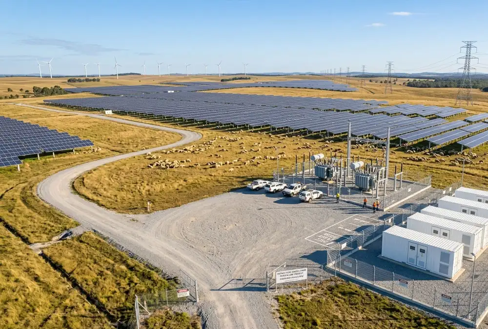 An agrivoltaics installation featuring commercial solar panels paired with safe grid-scale energy storage to mitigate performance risks.