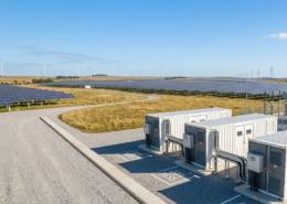 A side-by-side comparison of a 10ft, 20ft, and 40ft Container BESS fleet installed on concrete pads at a utility solar farm.