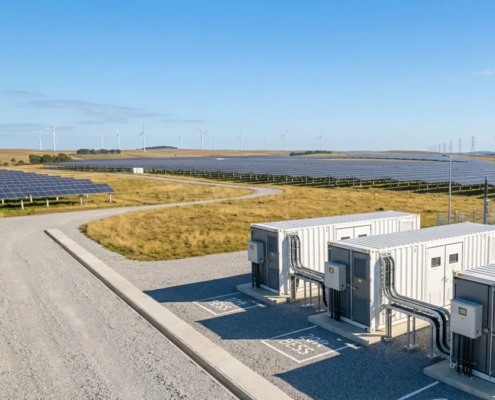 A side-by-side comparison of a 10ft, 20ft, and 40ft Container BESS fleet installed on concrete pads at a utility solar farm.