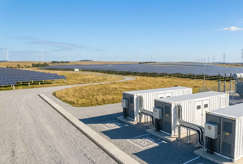 A side-by-side comparison of a 10ft, 20ft, and 40ft Container BESS fleet installed on concrete pads at a utility solar farm.