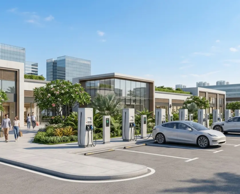 Discover key benefits of commercial EV charging stations installed at a modern retail shopping center.