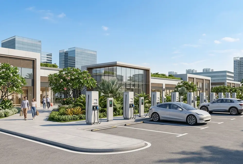 Discover key benefits of commercial EV charging stations installed at a modern retail shopping center.