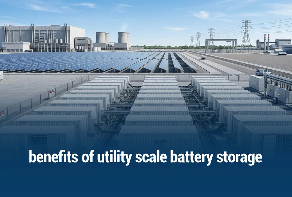 Utility scale battery storage system installed next to a modern solar farm providing grid stability