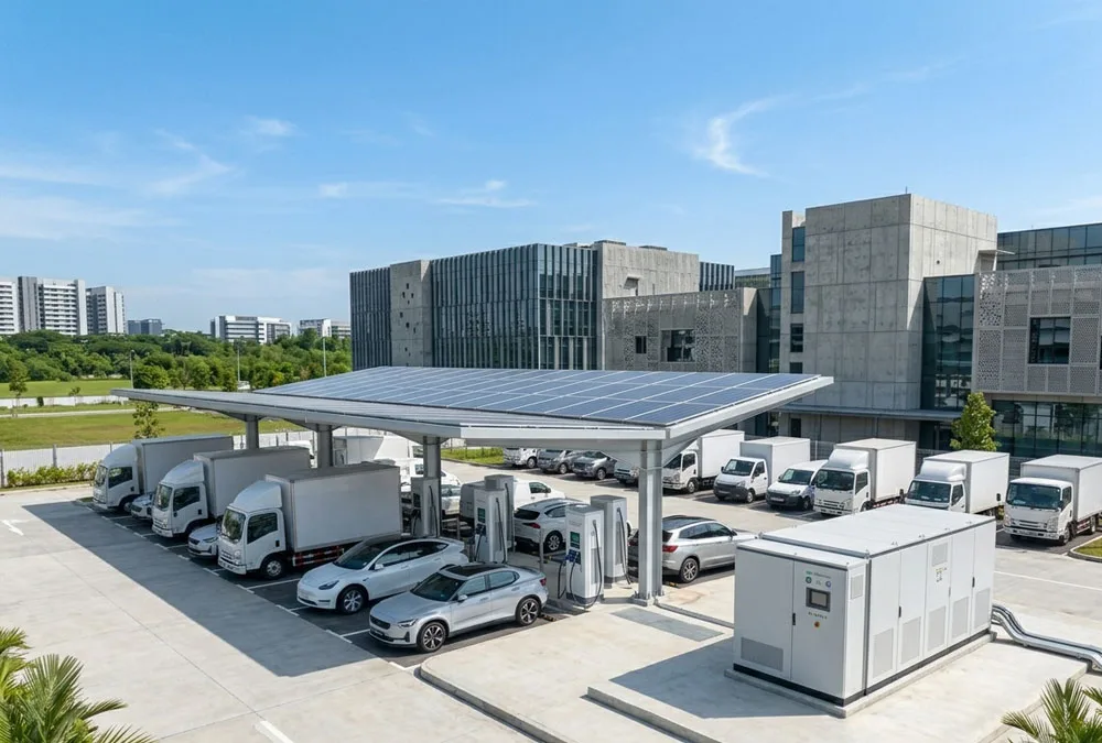 High power DC fast charging system integrated with containerized BESS battery energy storage and solar canopy