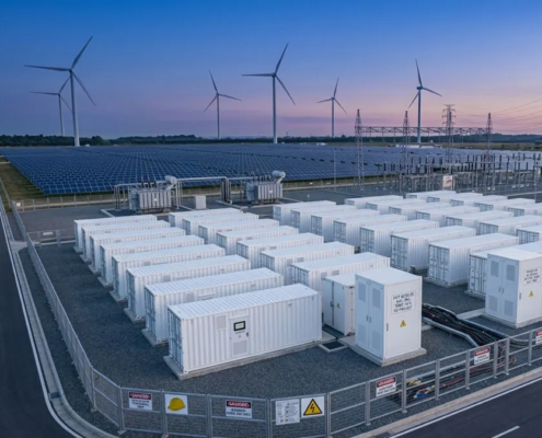 Large scale containerized battery storage system installation designed by a global BESS manufacturer near an industrial solar PV farm