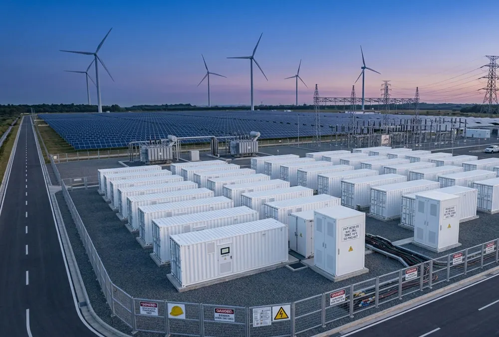 Large scale containerized battery storage system installation designed by a global BESS manufacturer near an industrial solar PV farm
