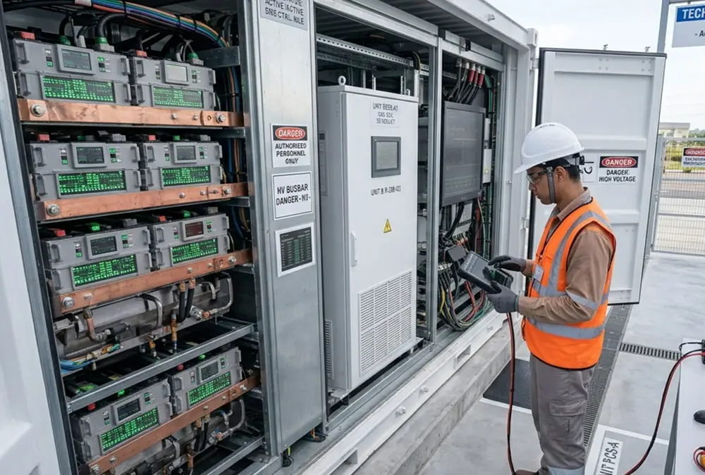 Field service engineer executing preventative maintenance on an active industrial battery storage solutions enclosure