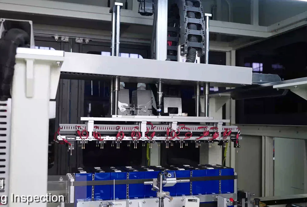 High-volume commercial battery storage solutions production line utilizing automated laser testing for cell sorting