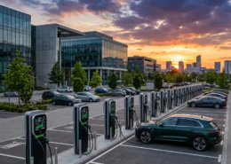 A clean commercial parking lot with a row of high-power DC fast charging stations