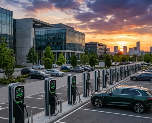 A clean commercial parking lot with a row of high-power DC fast charging stations