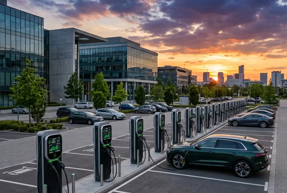 A clean commercial parking lot with a row of high-power DC fast charging stations
