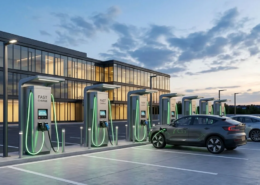 Commercial DC Fast Charging Solutions featuring ultra-fast liquid-cooled charging dispensers at a modern commercial station