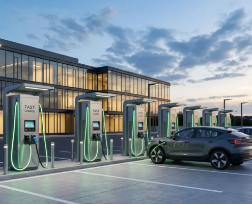 Commercial DC Fast Charging Solutions featuring ultra-fast liquid-cooled charging dispensers at a modern commercial station