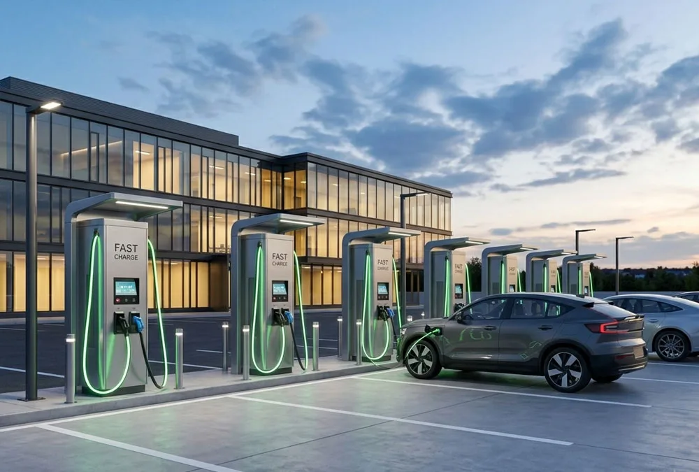 Commercial DC Fast Charging Solutions featuring ultra-fast liquid-cooled charging dispensers at a modern commercial station