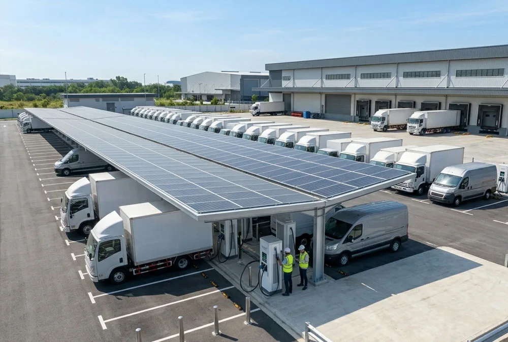 Commercial EV charging infrastructure with heavy-duty DC fast charging cabinets powering electric logistics truck fleet