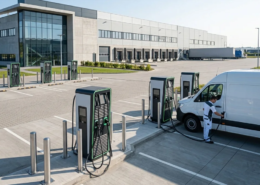 Commercial outdoor parking site with DC fast charging stations showing installation layout and equipment investment