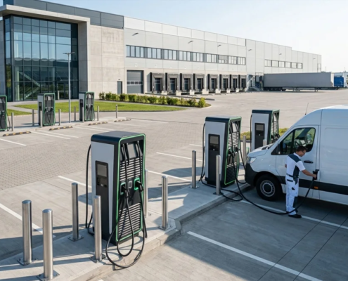 Commercial outdoor parking site with DC fast charging stations showing installation layout and equipment investment