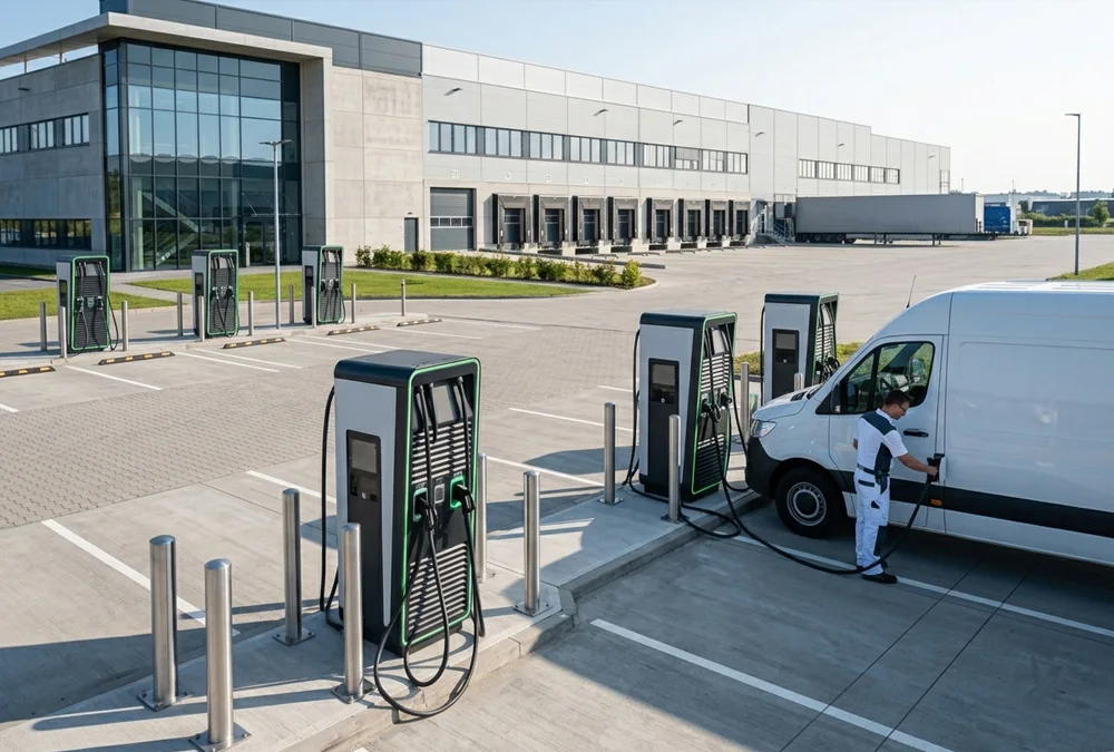 Commercial outdoor parking site with DC fast charging stations showing installation layout and equipment investment
