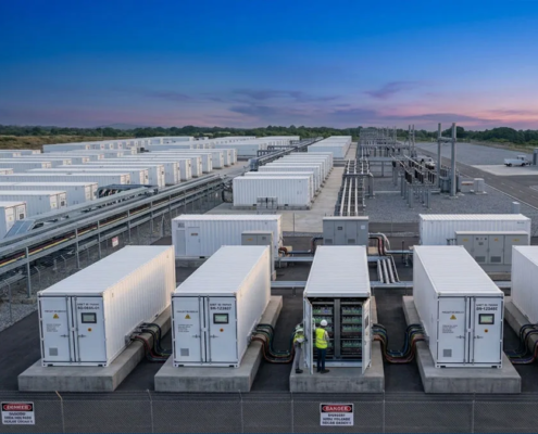 High-voltage containerized BESS architecture with step-up transformer connected to an industrial utility grid
