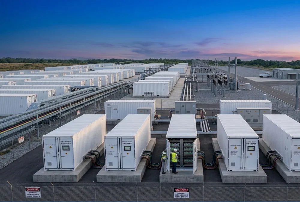 High-voltage containerized BESS architecture with step-up transformer connected to an industrial utility grid