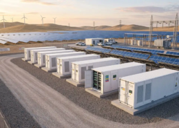 Turnkey industrial containerized BESS for solar farms co-located with utility-scale PV arrays under a morning sky.
