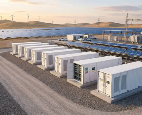 Turnkey industrial containerized BESS for solar farms co-located with utility-scale PV arrays under a morning sky.