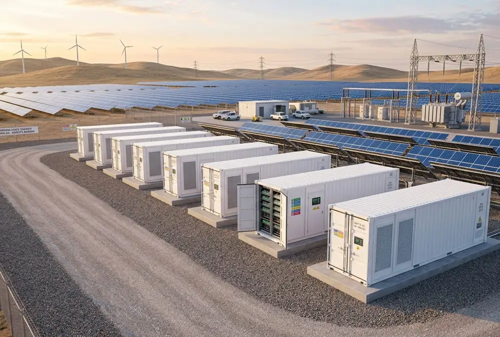 Turnkey industrial containerized BESS for solar farms co-located with utility-scale PV arrays under a morning sky.