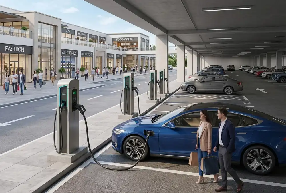 Destination charging stations serving electric vehicles at a retail shopping center