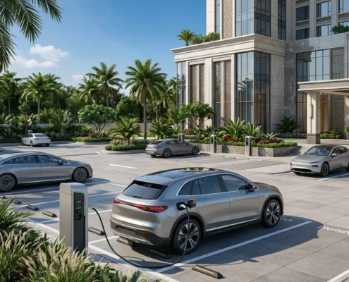 Smart destination EV charging solutions installed in a commercial hotel parking lot