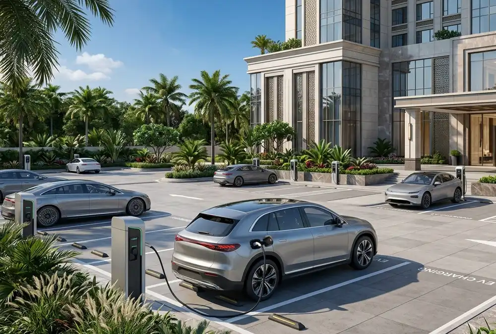 Smart destination EV charging solutions installed in a commercial hotel parking lot