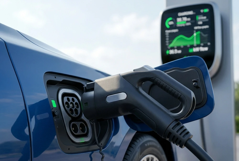 Close-up of heavy-duty electric vehicle supply equipment plug connected to an electric car