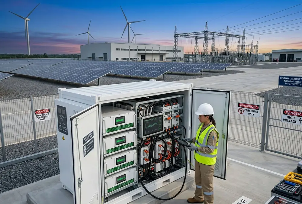 Field engineer inspecting a commercial solar battery storage system enclosure for industrial power peak shaving