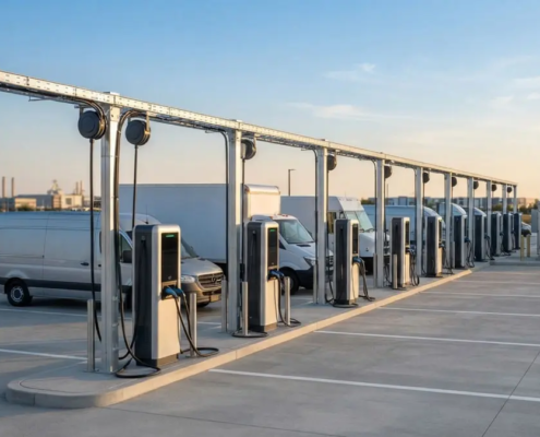 Profitable commercial EV charging business model showing DC fast chargers and battery energy storage