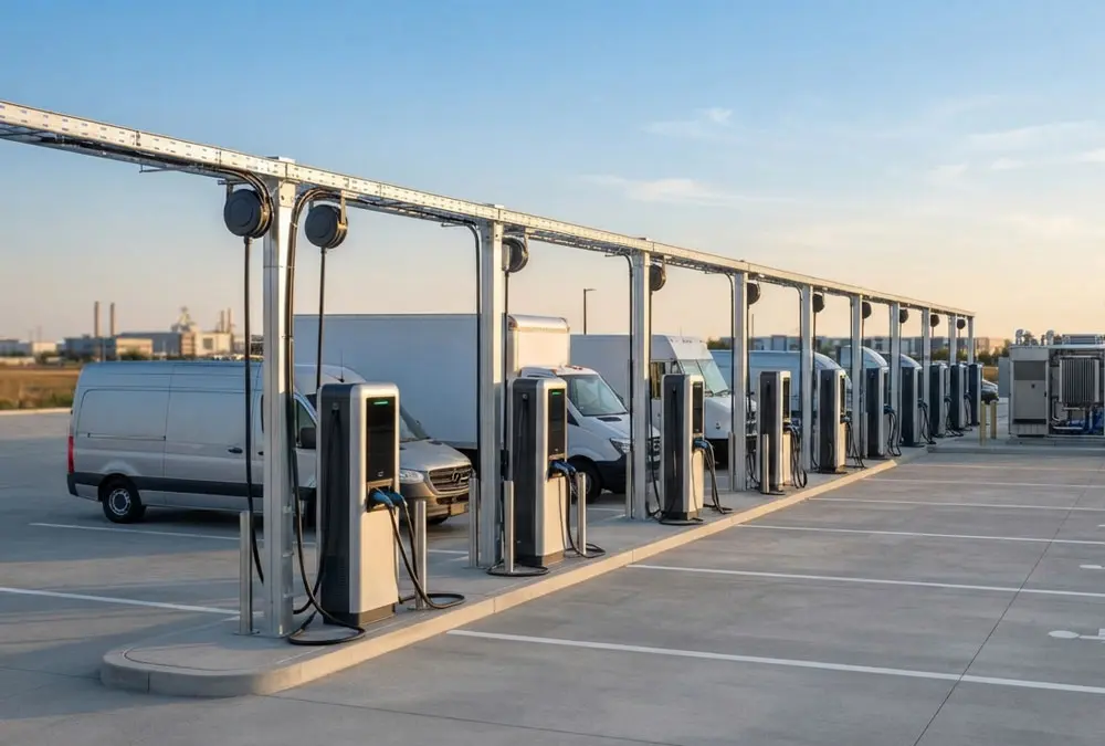 Profitable commercial EV charging business model showing DC fast chargers and battery energy storage