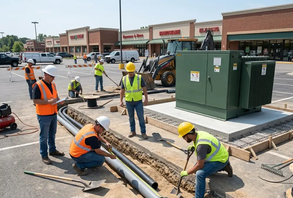 Site construction workers trenching asphalt and installing heavy transformer panel for commercial EV charging infrastructure