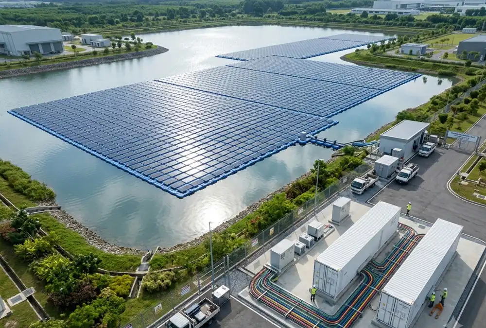 Floating large scale solar array installed on an industrial water reservoir with buoyant mounting structures