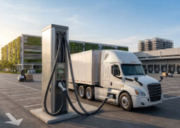 High-power truck EV charging infrastructure charging Class 8 electric semi-trucks at a modern freight depot.