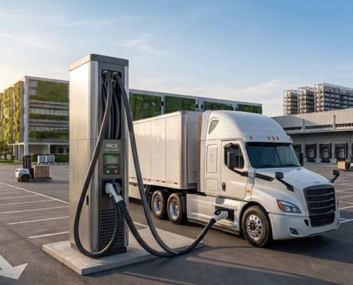 High-power truck EV charging infrastructure charging Class 8 electric semi-trucks at a modern freight depot.
