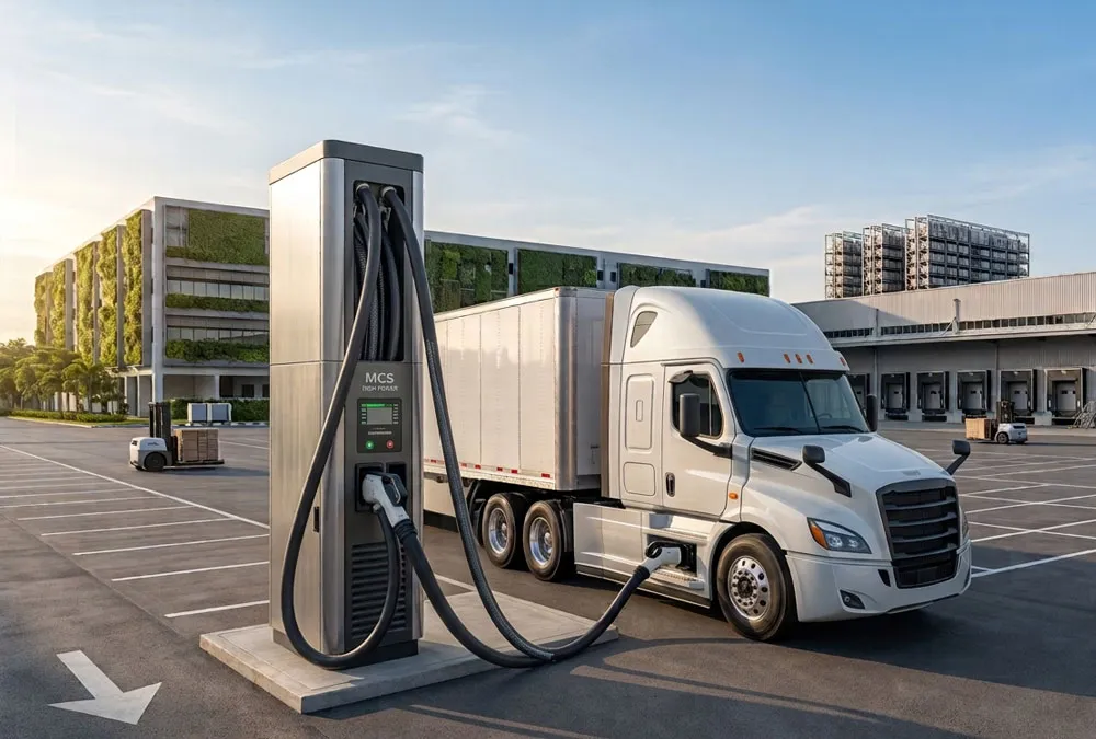 High-power truck EV charging infrastructure charging Class 8 electric semi-trucks at a modern freight depot.